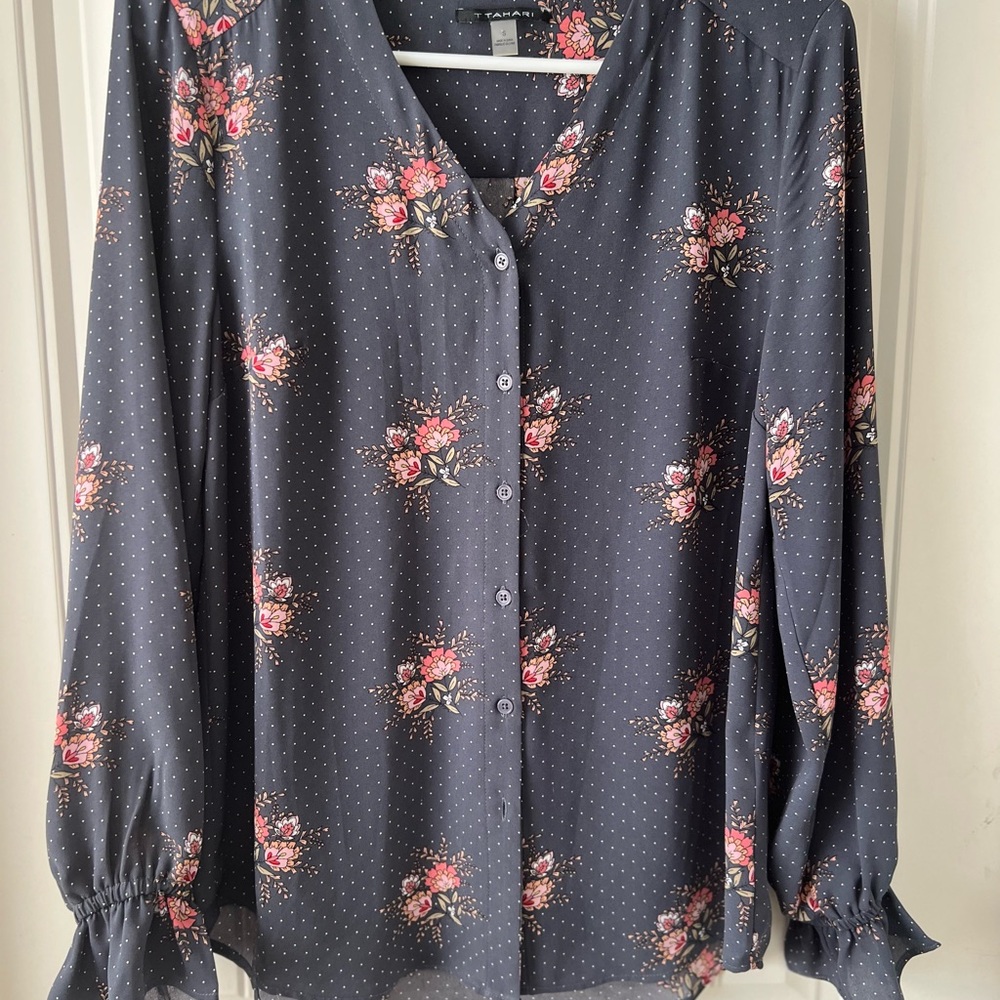 Tahari Navy Blouse with Pink Floral Design